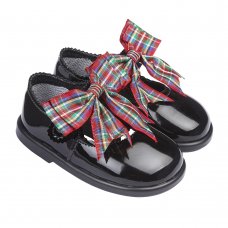 H975: Baby Girls Red Tartan Bow Hard Soled Shoe (Shoe Sizes: 2-6)
